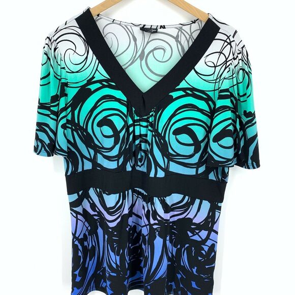 EAST 5TH WOMEN TOP BLUE BLACK SHORT SLEEVE STRETCH V NECK EMPIRE WAIST XL - Picture 1 of 6